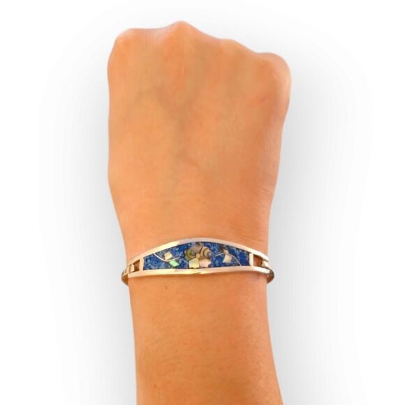 Vintage Alpaca Mexico Silver Blue Abalone Shell Mother-of-Pearl Flower Bracelet - Picture 13 of 14